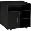 Black mobile printer stand with open shelves, cupboard and castor wheels