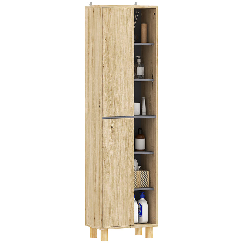 Tall slim wood-effect bathroom cabinet with six open shelves and two cupboards