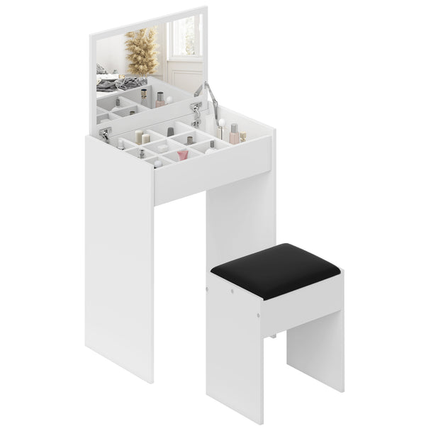 White dressing table with flip-up mirror open and matching padded stool