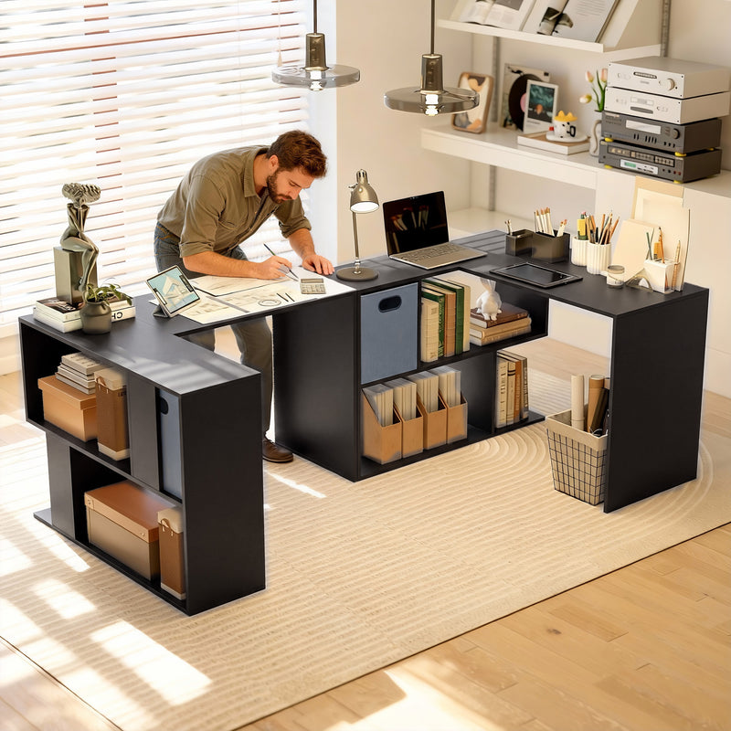 HOMCOM 110 cm L-Shaped Desk, Small Computer Desk with Fabric Drawer and Storage Shelves for Home Office, Study, Black – view 7