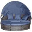 Grey round rattan daybed set with retractable canopy, cushions and centre table