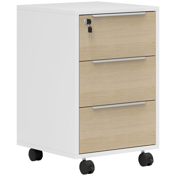 White three-drawer mobile filing cabinet with oak-effect drawer fronts and central lock