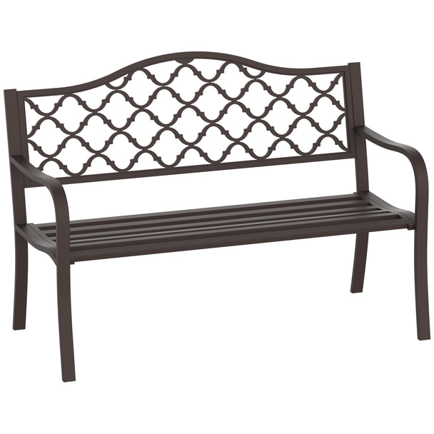 Brown antique-style metal 2-seater garden bench with geometric cut-out backrest