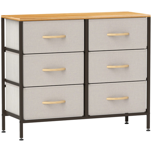Cream white 6-drawer fabric chest with maple wood-effect top and steel frame