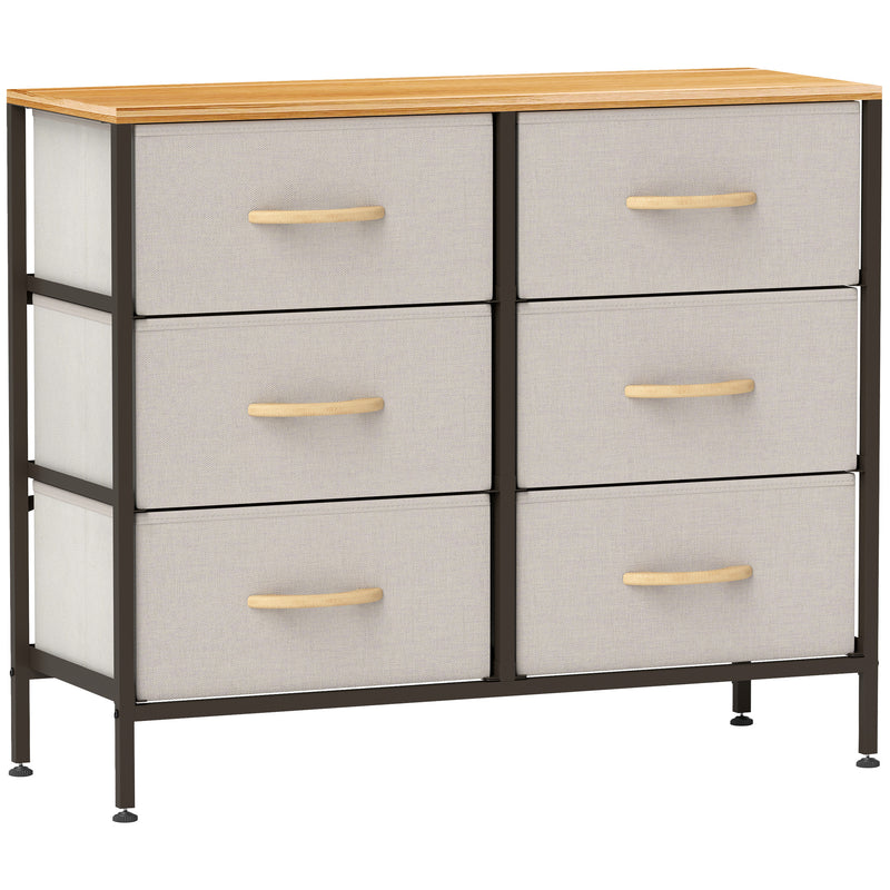 Cream white 6-drawer fabric chest with maple wood-effect top and steel frame