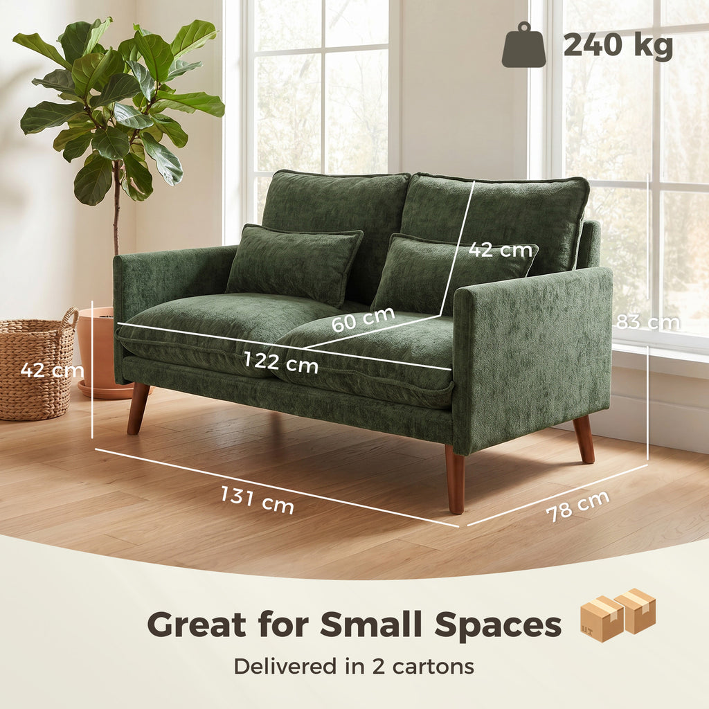 2 Seater Sofa, Loveseat Sofa with Spring Cushions, Wide and Deep Seat, Wood Legs, Green