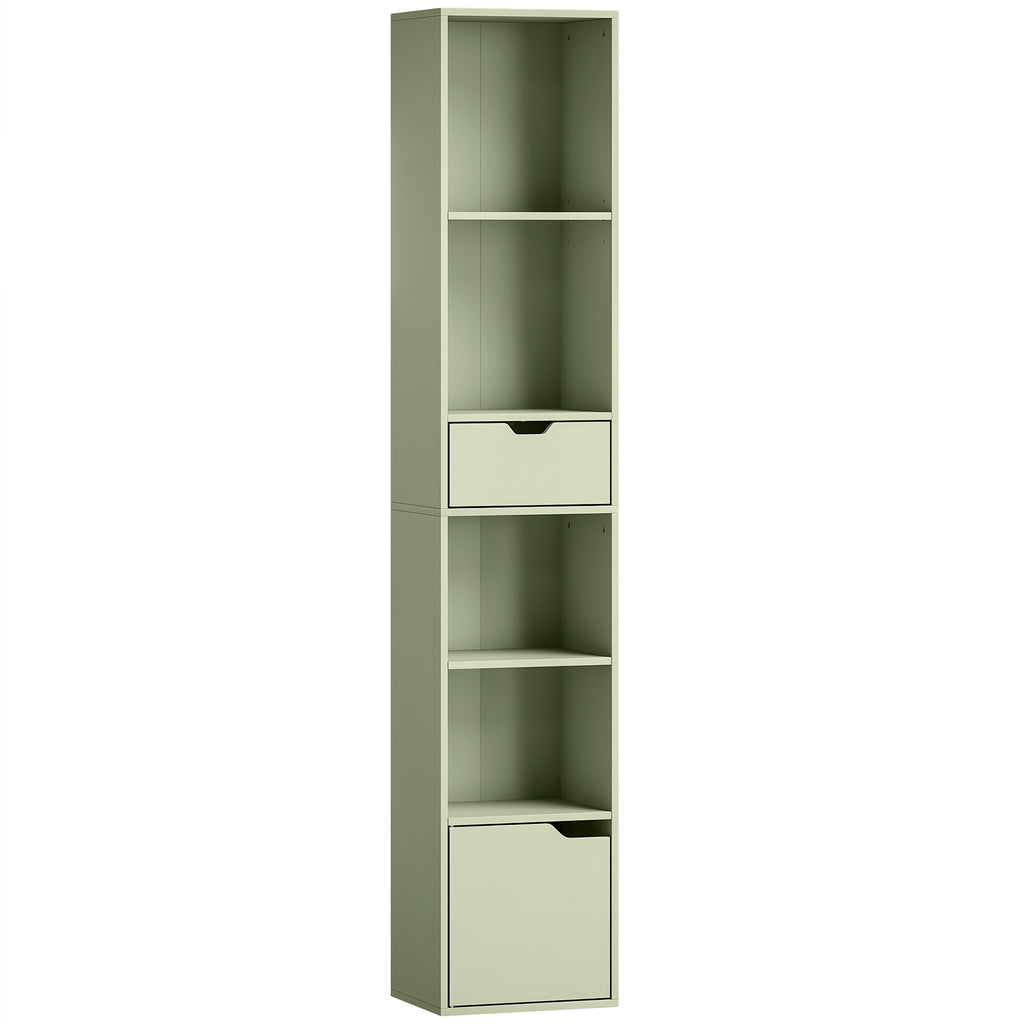 6-Tier Bookcase, Tall Narrow Bookshelf with Drawer and Door - Green