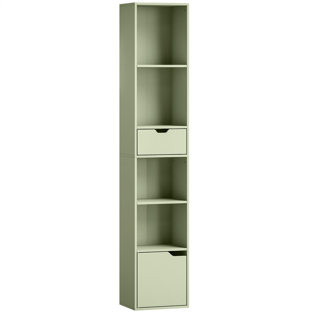 6-Tier Narrow Bookcase with Drawer & Cupboard – Green