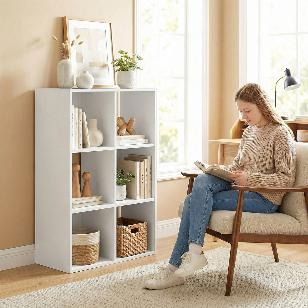 Industrial Style Storage Shelf, Bookcase, Bookshelf with 6 Compartments, for Living Room, Home Study, White Wood Effect