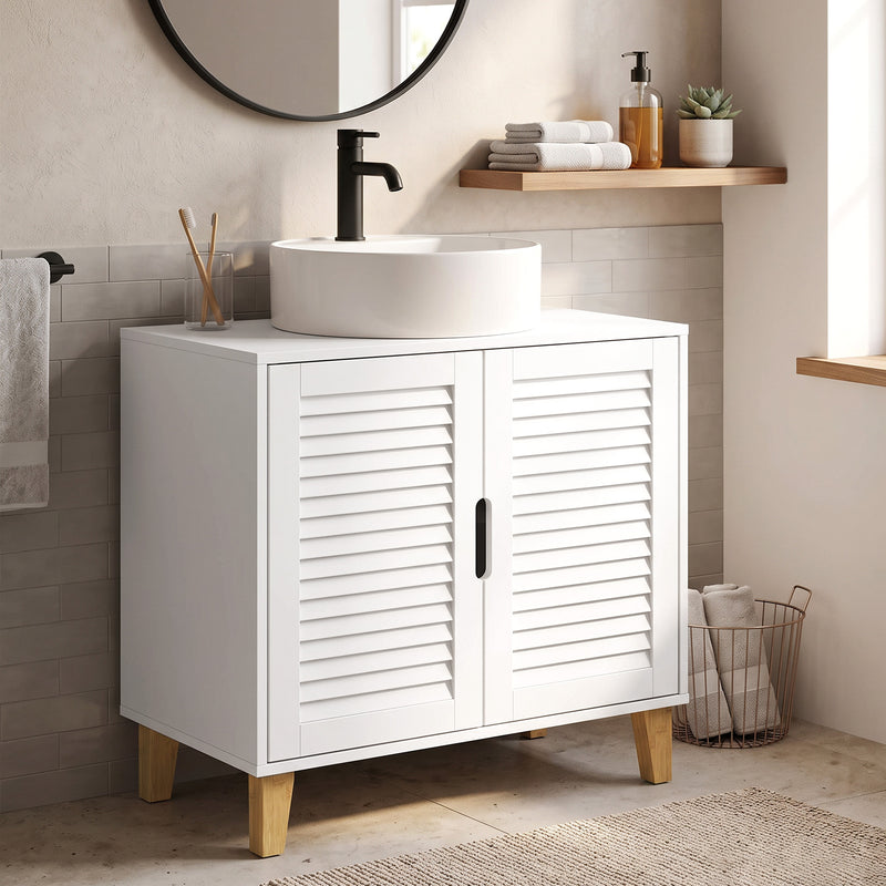 HOMCOM Under Sink Bathroom Cabinet Adjustable Shelf Under Sink Cabinet 2 Louvered Doors, White – view 9