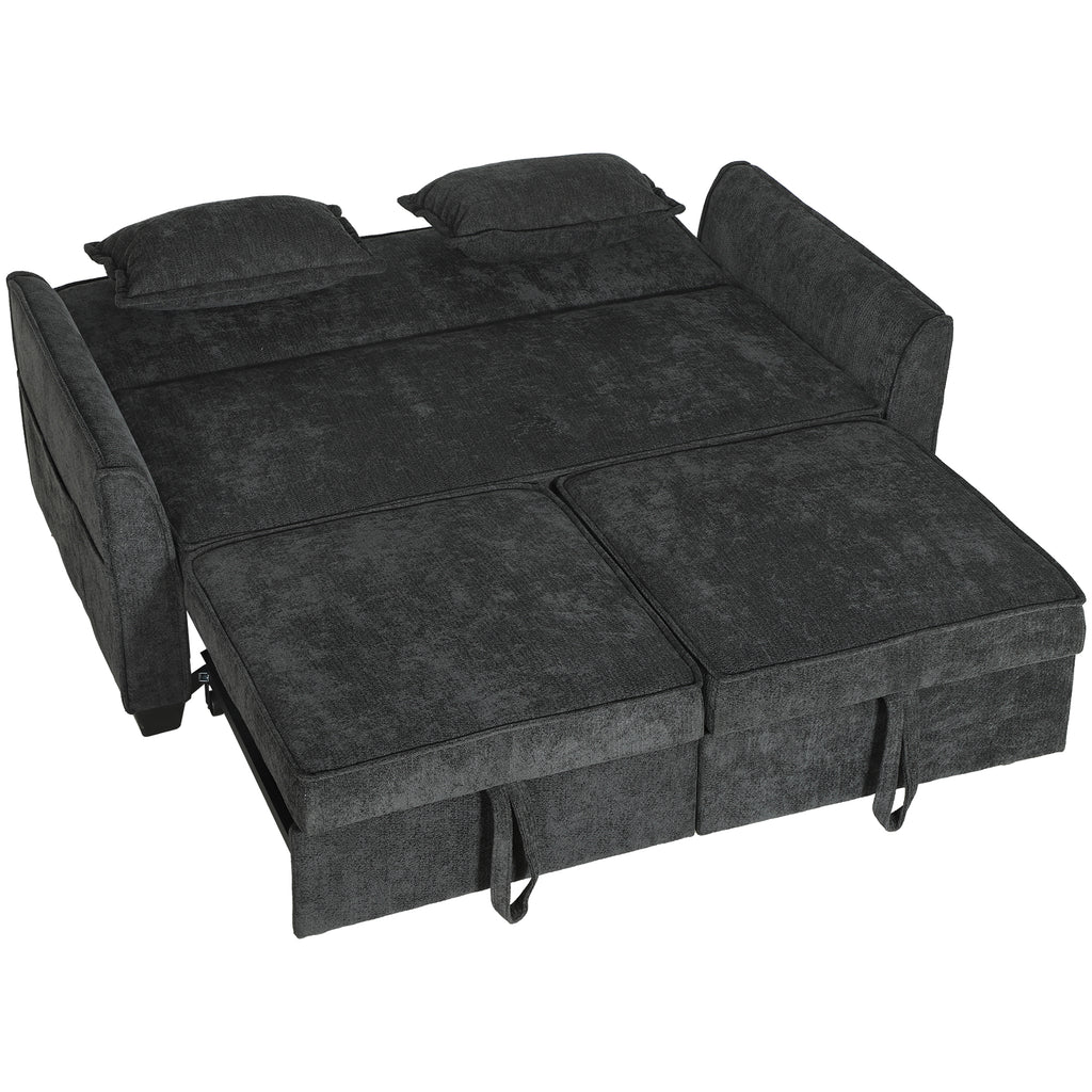 2 Seater Sofa Bed, 4-in-1 L-Shaped Convertible Pull-Out Sleeper Sofa with Adjustable Backrest and Side Pockets, Black
