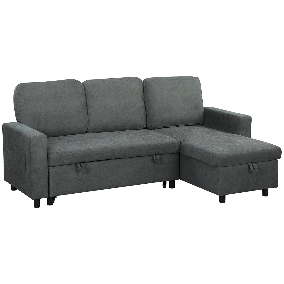 L-Shaped Pull-Out Sofa Bed with Reversible Storage Chaise – Charcoal Grey