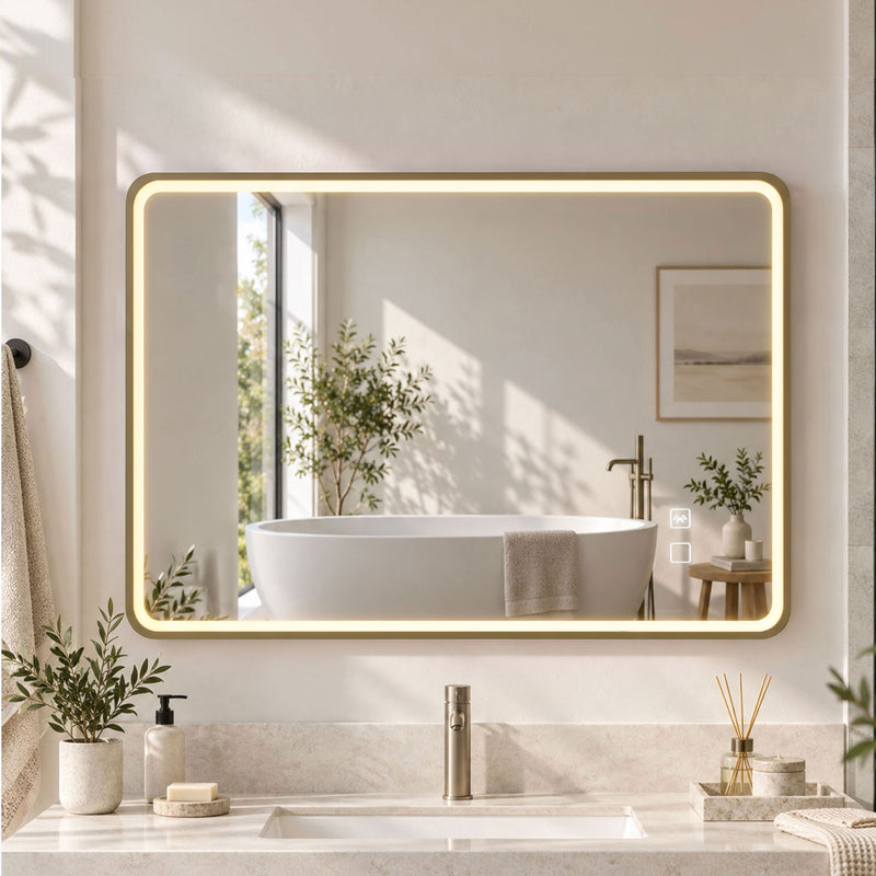 HOMCOM Bathroom Mirror with LED Lights, 100x70cm Rectangle Bathroom Mirror, Dimmable, Bluetooth, Anti-Fog, Gold Tone – view 2