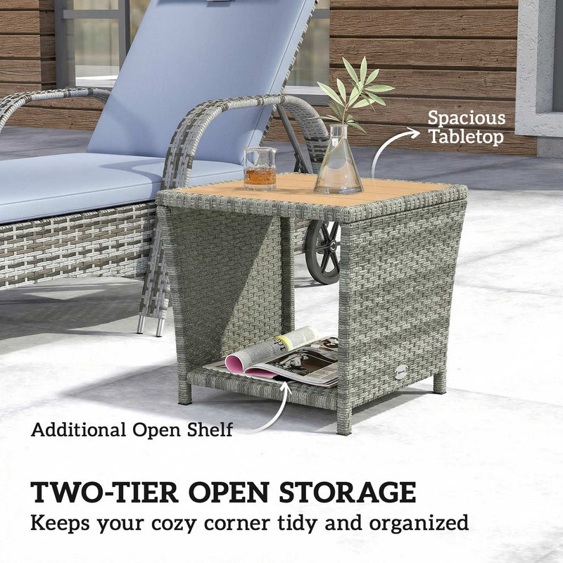 Outsunny Side Table 2-Tier Outdoor Coffee Table with Storage Shelf PS Wood Slat Top/Light Grey – view 4