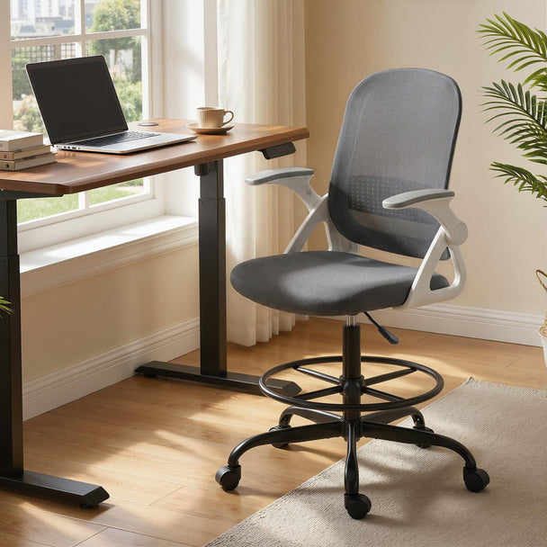 HOMCOM Painting Chair, Mesh Computer Desk Chair with Flip-up Armrests, Grey – view 2