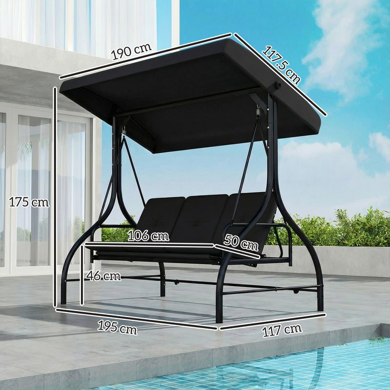 Outsunny 3 Seater Canopy Swing Chair, 2 in 1 Garden Swing Seat Bed, with Adjustable Canopy and Metal Frame, Black – view 3