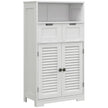 White bathroom storage unit with open shelf, two drawers and louvred double-door cupboard