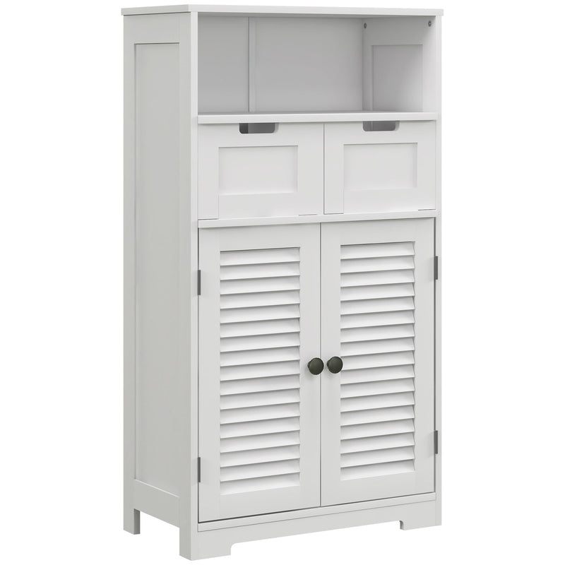 White bathroom storage unit with open shelf, two drawers and louvred double-door cupboard