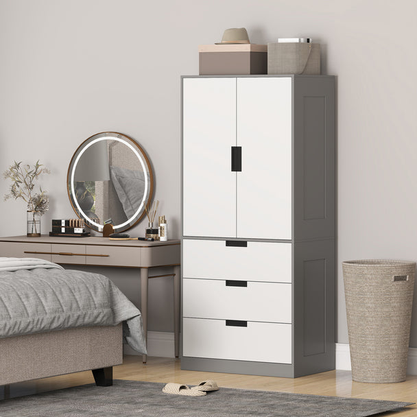 HOMCOM Modern Clothes Storage Cupboard Unit, 3 Drawer 2 Door Wardrobe with Hanging Rod, Grey – view 2