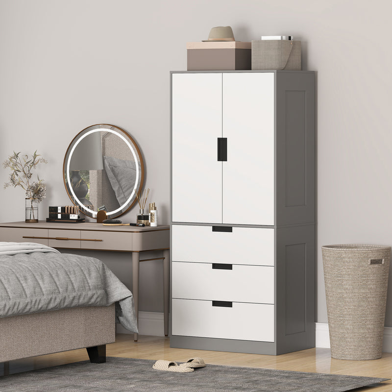 HOMCOM Modern Clothes Storage Cupboard Unit, 3 Drawer 2 Door Wardrobe with Hanging Rod, Grey – view 2