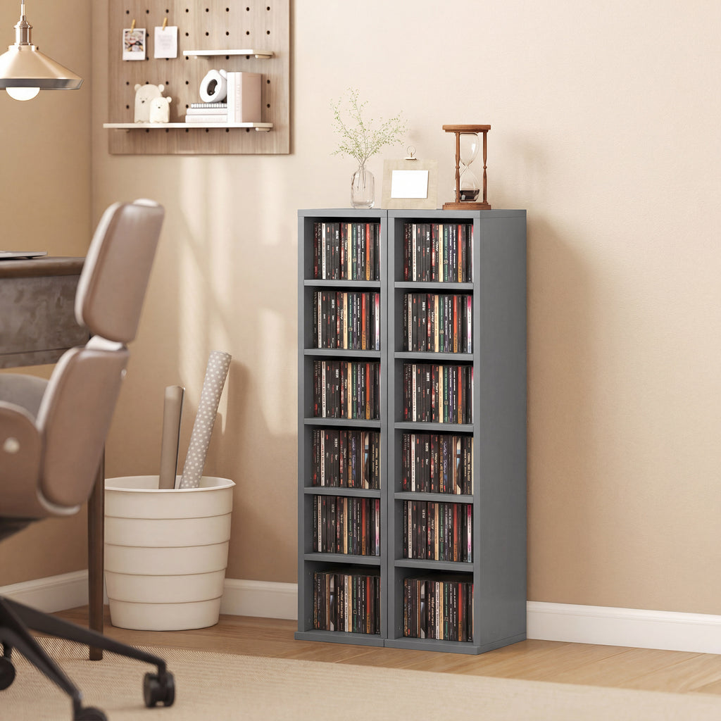 Set of 2 CD Media Display Shelf Unit Tower Rack with Adjustable Shelves, Light Grey