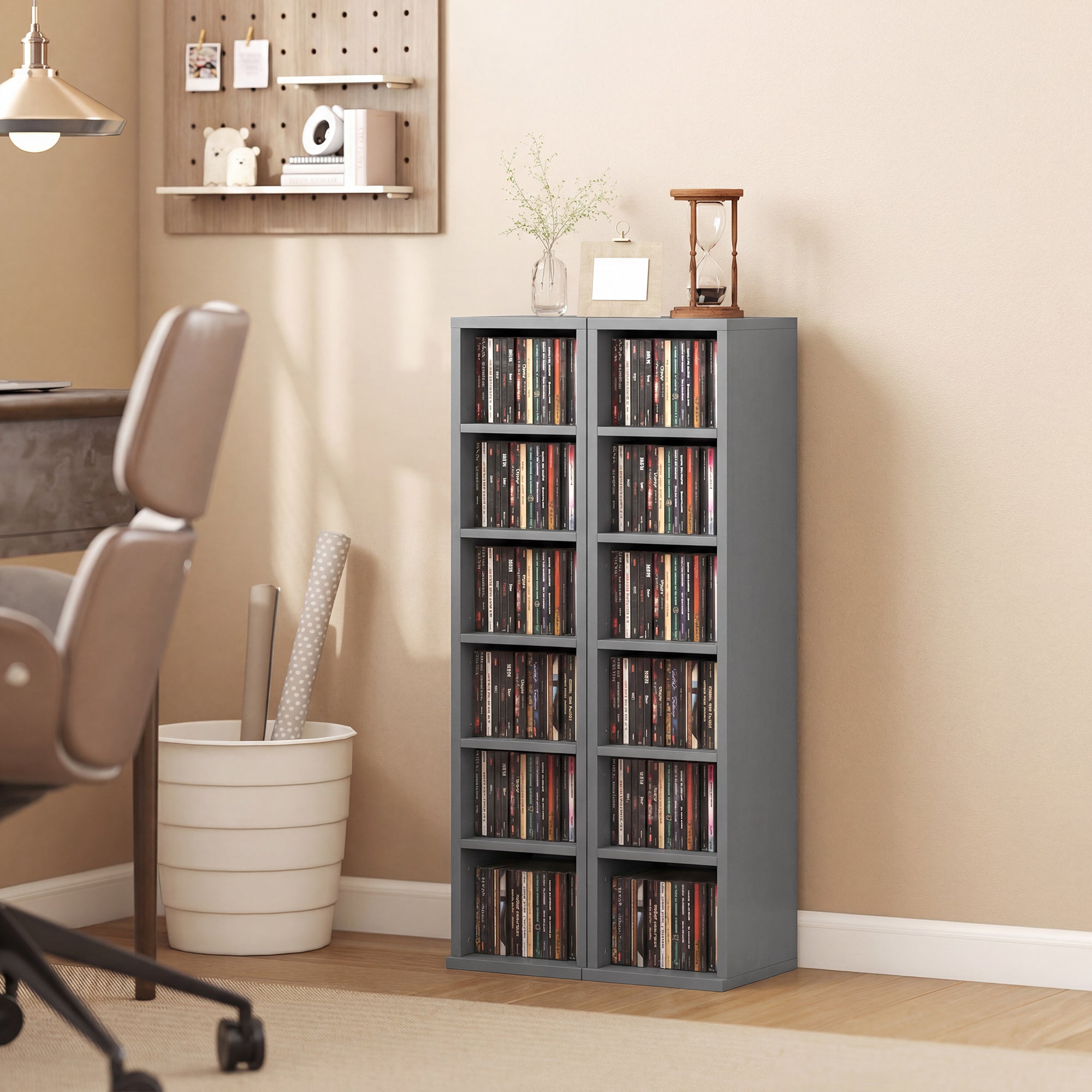 Set of 2 CD Media Display Shelf Unit Tower Rack with Adjustable Shelves, Light Grey