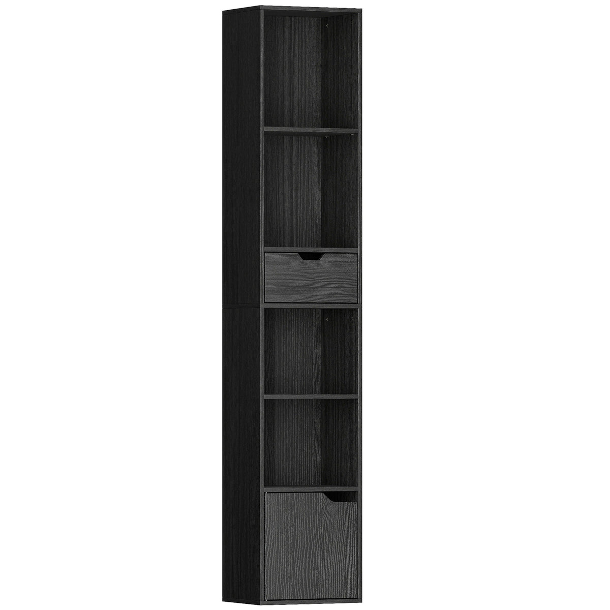 6-Tier Narrow Bookcase with Drawer & Cupboard – Black
