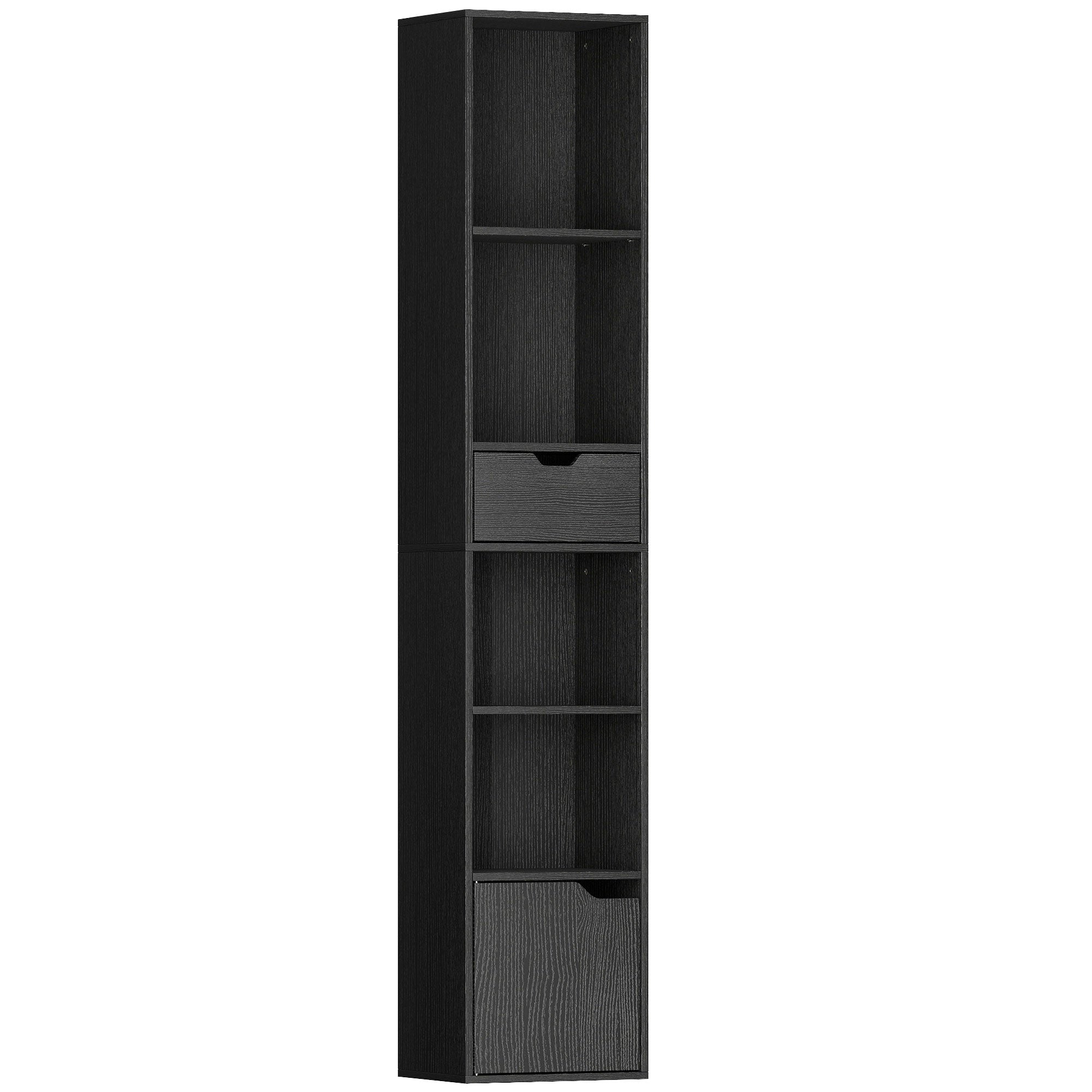 6-Tier Bookcase, Tall Narrow Bookshelf with Drawer and Door - Black