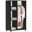 Black open wardrobe on wheels with aluminium hanging rail and three shelves