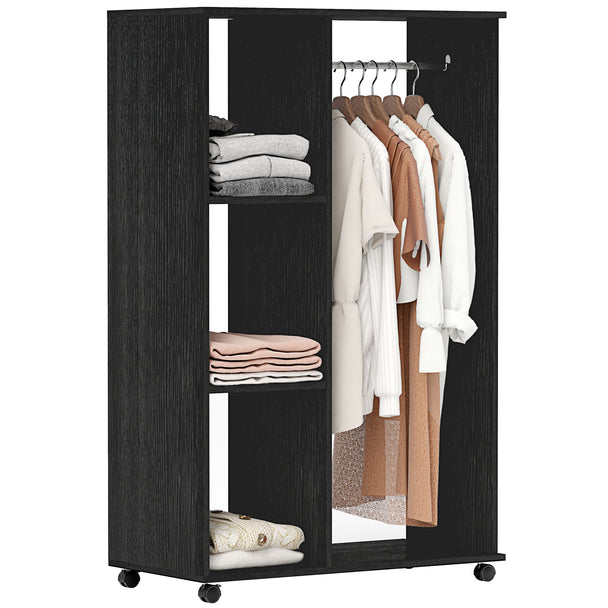 Black open wardrobe on wheels with aluminium hanging rail and three shelves