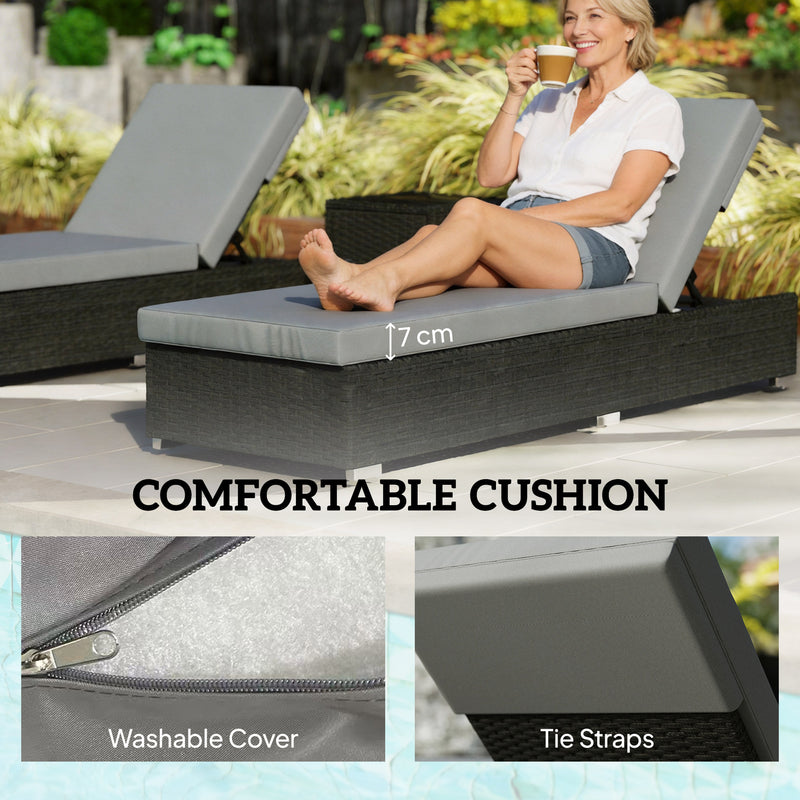 Outsunny Rattan Sun Loungers Set of 2 with Side Table, Garden Recliner Sunbeds with Adjustable Back, Cushions, Dark Grey – view 5