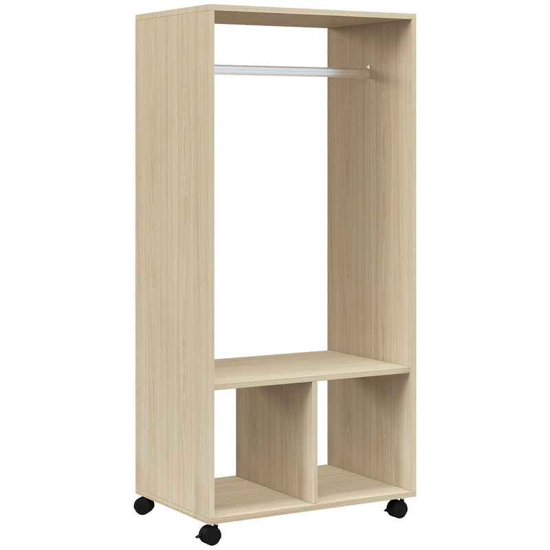 Slim 60 cm natural wood-effect open wardrobe on wheels with hanging rail and two shelves