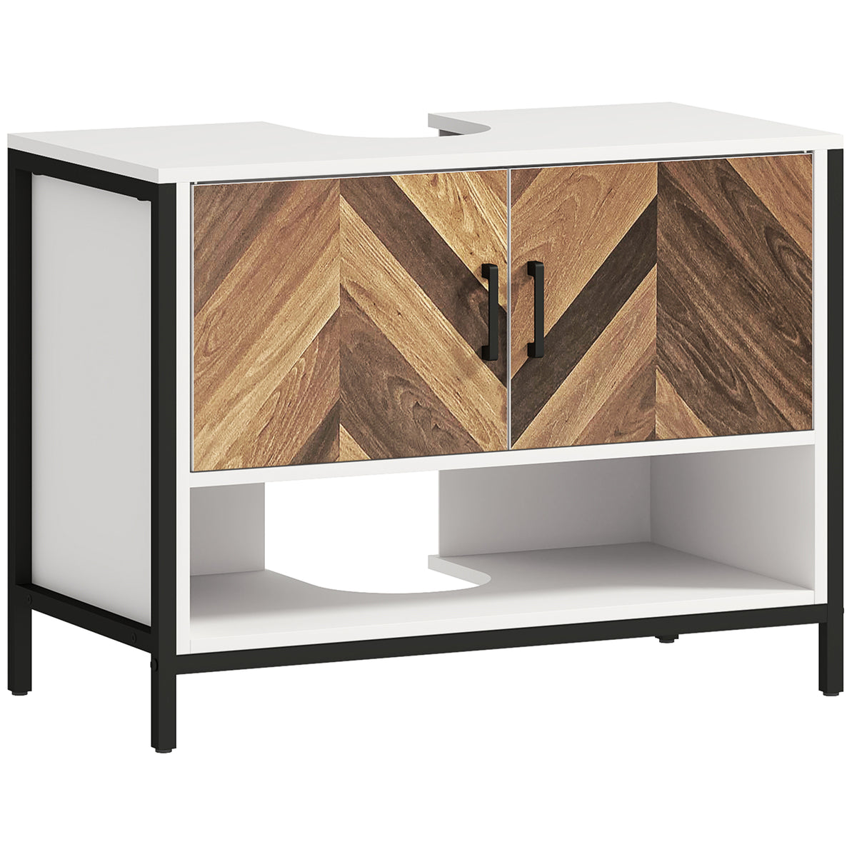 Cream 80 cm under sink cabinet with rustic herringbone doors and open bottom shelf