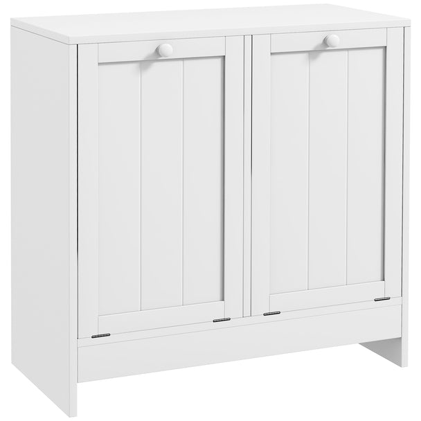 White laundry hamper cabinet with two tilt-out hampers