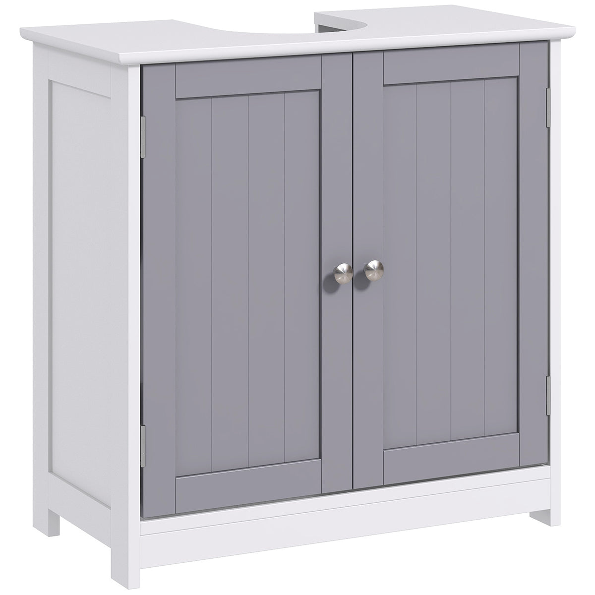 Grey and white 60 x 60 cm under sink cabinet with carved doors, handles and pipe cut-out
