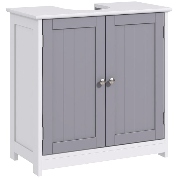 Grey and white 60 x 60 cm under sink cabinet with carved doors, handles and pipe cut-out