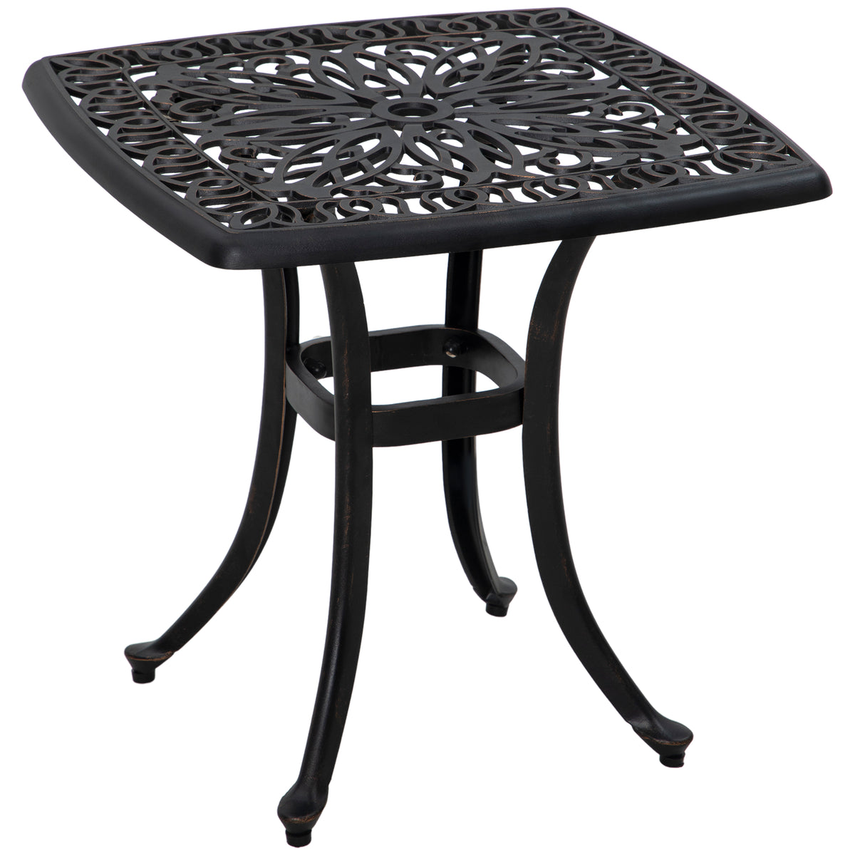 Bronze-tone 53 cm square cast aluminium garden side table with floral cut-out top