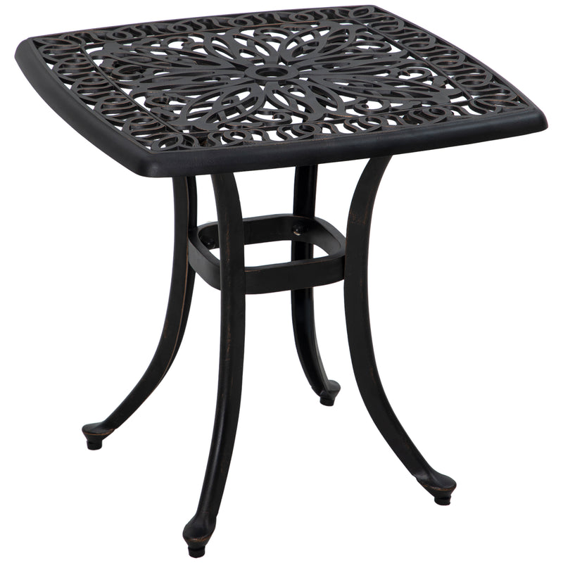 Bronze-tone 53 cm square cast aluminium garden side table with floral cut-out top